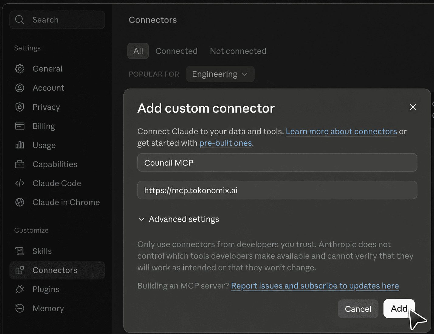 Claude's Add custom connector dialog with https://mcp.tokonomix.ai filled in as the connector URL