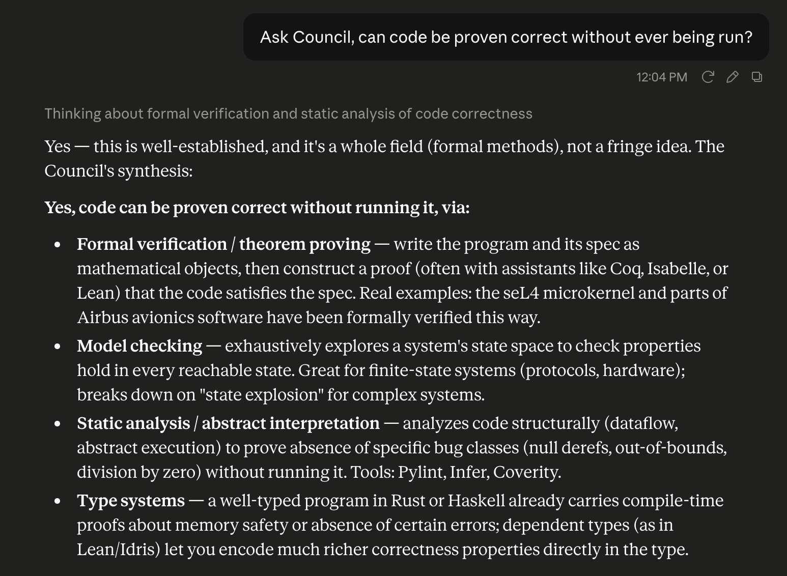 A Claude conversation where "Ask Council" returns the council's synthesis of several models' answers